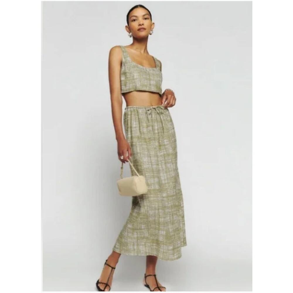 Reformation Amir Two Piece Skirt Set Tan Beige 100% Linen Back Slit Size Medium